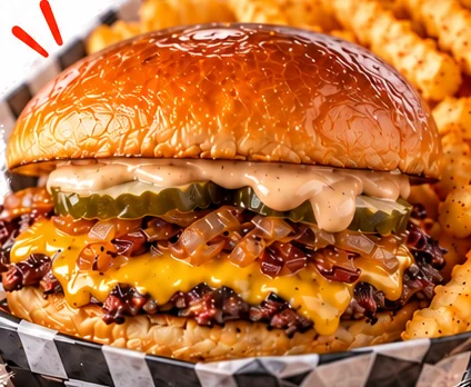 A smashed beef burger with melted cheese, pickles and burger sauce, served with crinkle fries