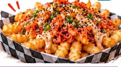 Loaded crinkle fries topped with kimchi, sauce, spring onion and sesame seeds
