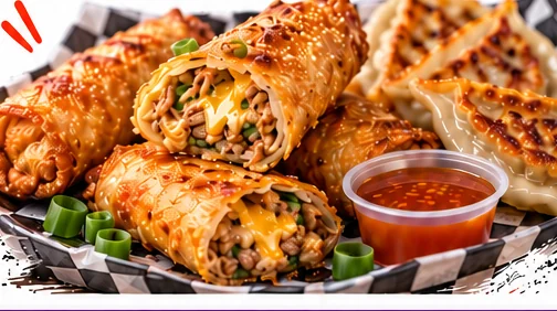 Crispy fried egg rolls and pan-fried potstickers on checkered paper with sweet chilli dipping sauce